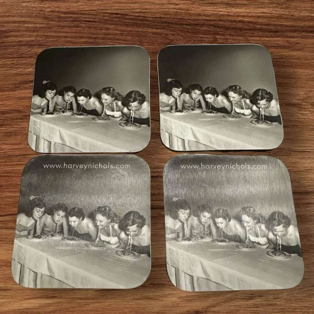 Vintage Harvey Nichols Food Market 4+1 Coasters - Retro Girls eating Spaghetti